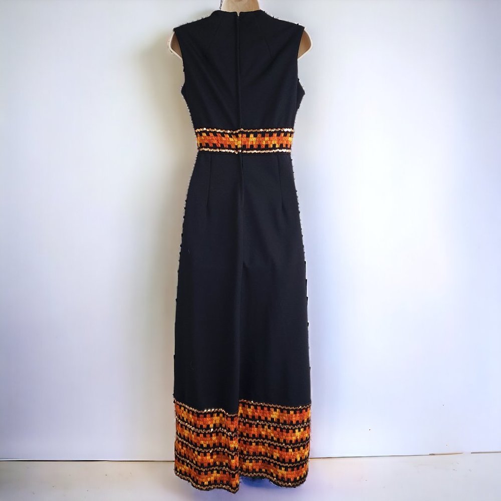 Vintage 70s black maxi dress with yellow/orange woven trim and gold sequins - Picture 6 of 8